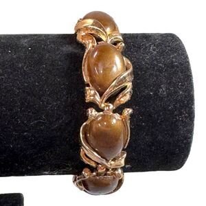 Vintage Thermoset 7" Trifari Gold-Tone Bracelet Brown Cabochon Stones Art Deco
